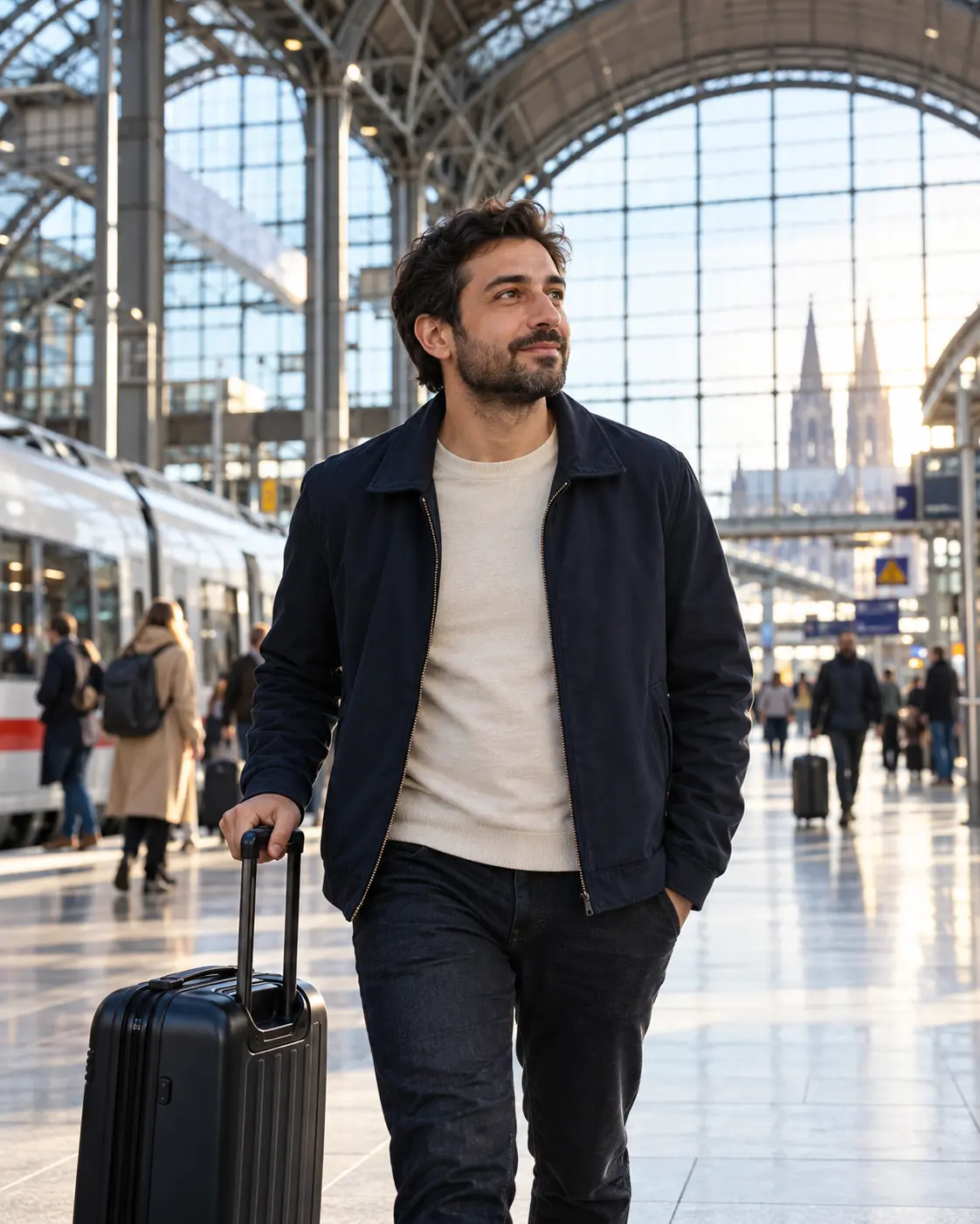An adult with a suitcase in a German railway station; an AI-generated illustration of a new beginning